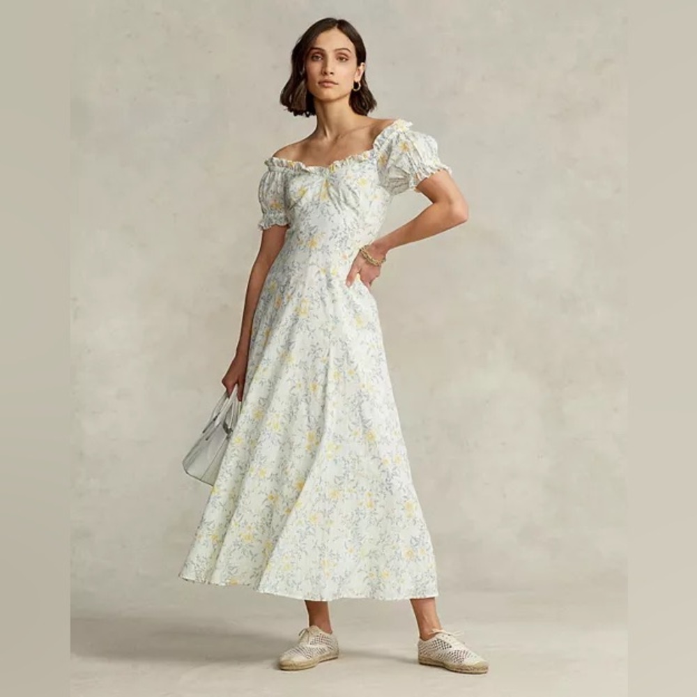 Nwt Polo ralph lauren Off-The-Shoulder Puff-Sleeve white floral dress
